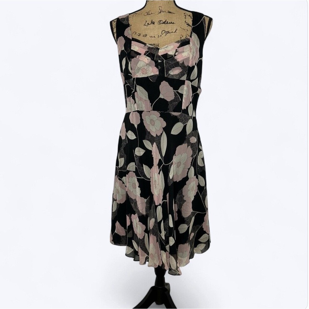 Vintage Y2K I.C.E. Silk Midi Dress Size 10 Black Floral Whimsigoth Fairy Grunge